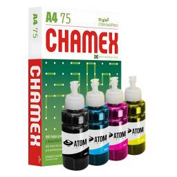 KIT 4 TINTAS REFILL COMPATIBLES ATOM + RESMA DE 500 HOJAS CHAMEX