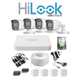 KIT HILOOK DVR 4CH + 4 CAMARAS 2MP COLORVU COLOR NOCHE + DISCO