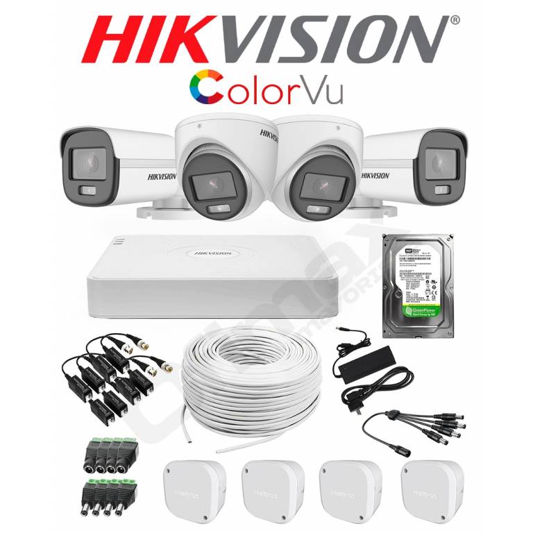 KIT DVR 4 CAMARAS HIKVISION COLORVU COLOR DE NOCHE + CABLES + DISCO