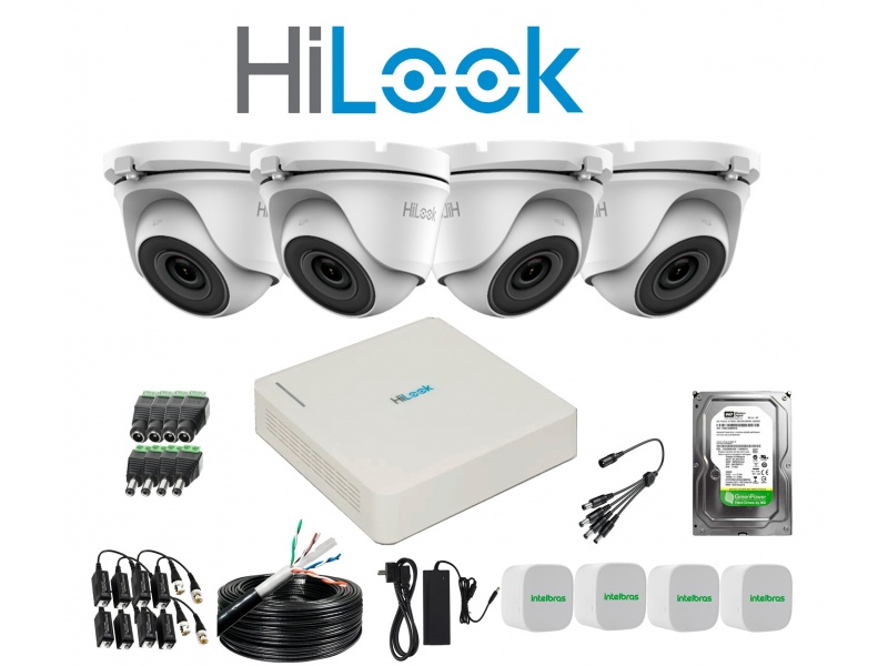 KIT HILOOK DVR 4CH + 4 CAMARAS 2MP TURRET METAL + DISCO