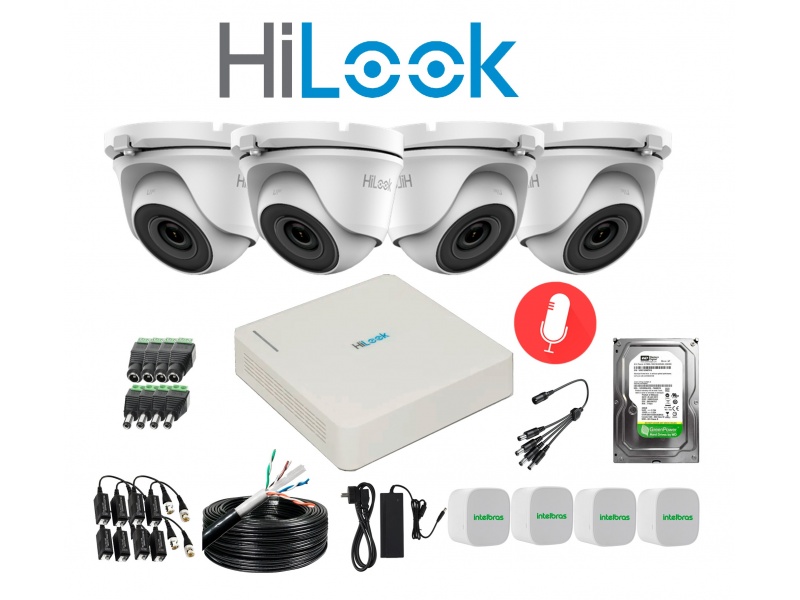 KIT HILOOK DVR 4CH + 4 CAMARAS 2MP TURRET METAL C/MIC + DISCO